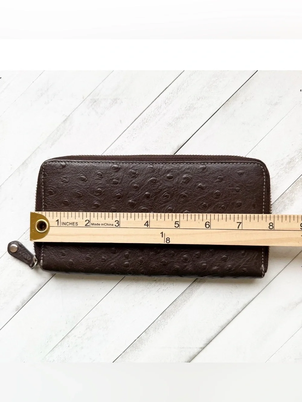 Anne Klein Genuine Ostrich Leather Zip Around Continental Wallet Brown 8